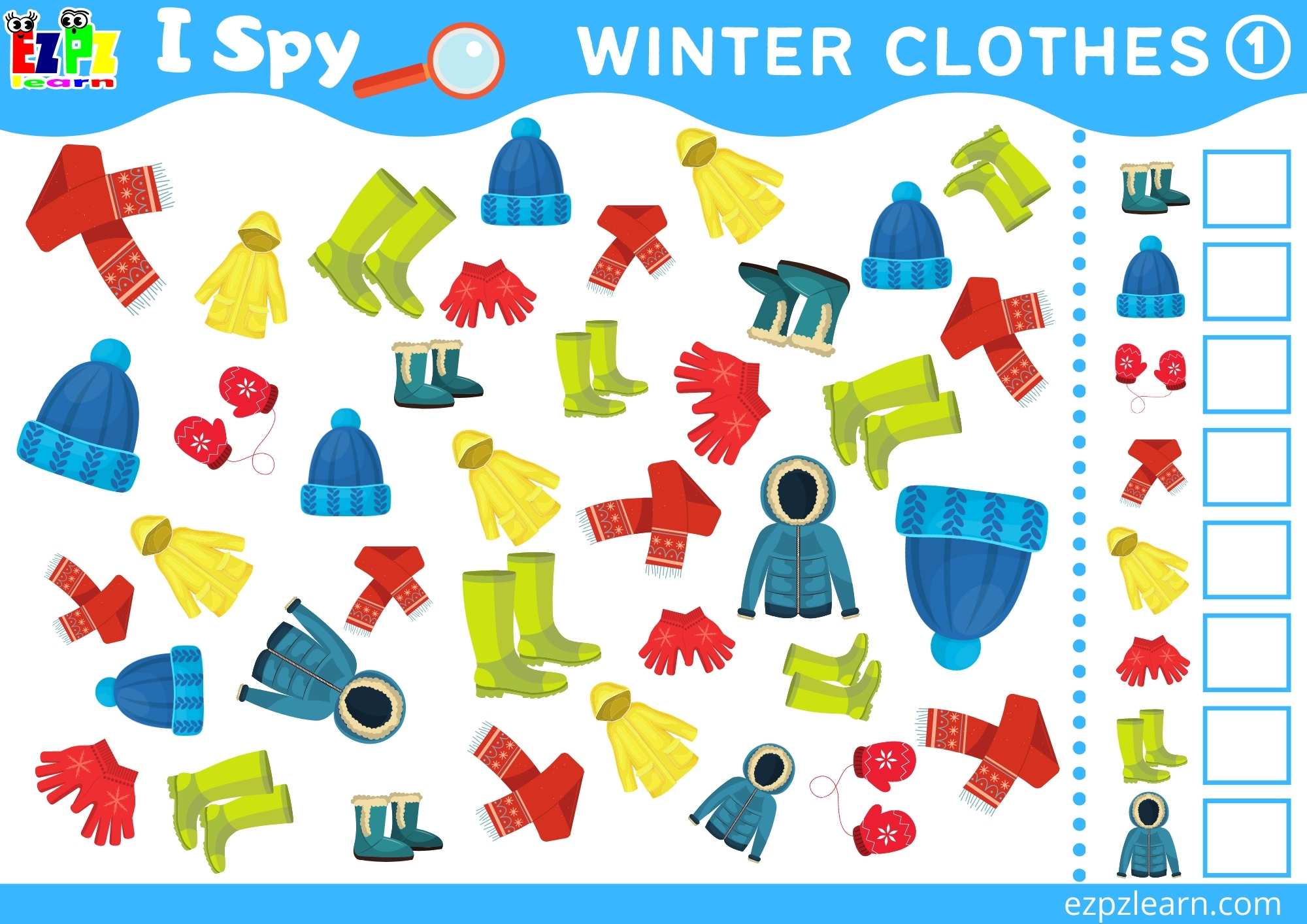Winter Clothes Topic I Spy Game for kids Free PDF Download